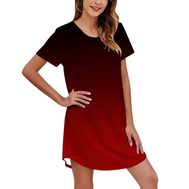Gibobby Pijamas Mujer Verano Sexy Pijamas Camisón de manga corta con estampado degradado para mujer, camisón con cuello redondo, cómodo vestido de camisón(Vino,CH)