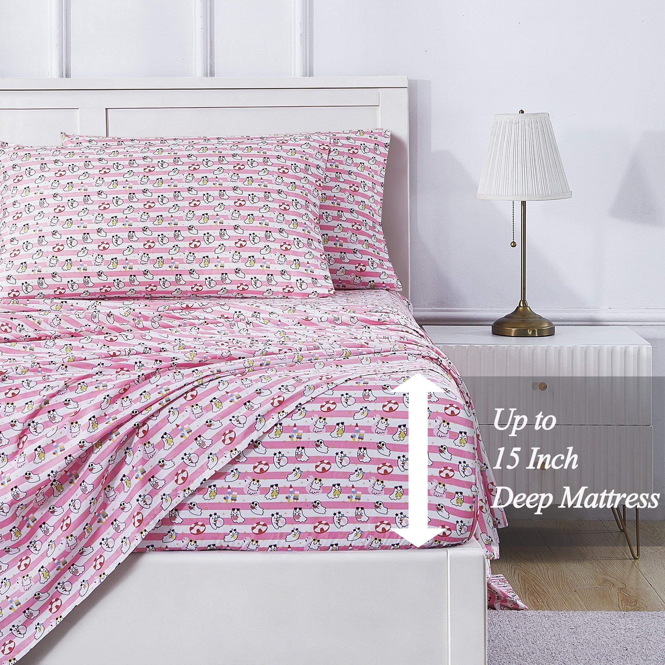 Summerween Soft Microfiber Sheet Set, Pink & White Nautical Ghosts, Queen
