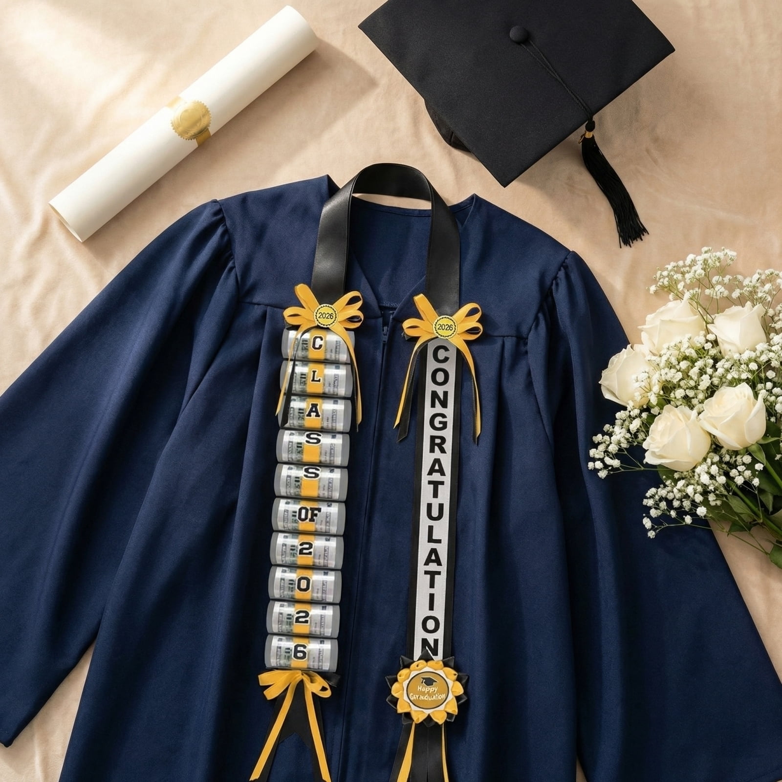 Graduation Money Lei Class of 2026 Grad Ribbon Double Braided Lei Graduation Cash Gifts Pull Ideas for High School College Party Supplies,Black