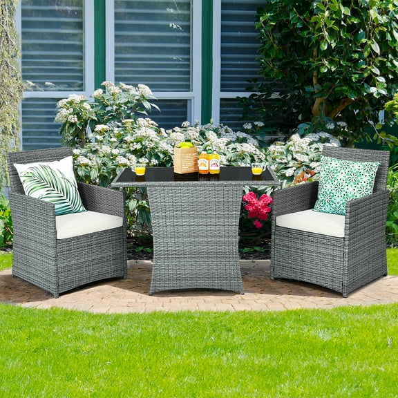 Costway 3PCS Patio Rattan Furniture Set Cushioned Sofa Armrest  Garden White