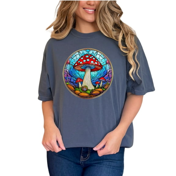 Vibrant Mushroom Art T-Shirt, Colorful Stained Glass Design Tee, Unique Artistic Graphic Shirt, Nature Inspired Fungi Print Top, Denim Comfort Colors T-Shirt, Small