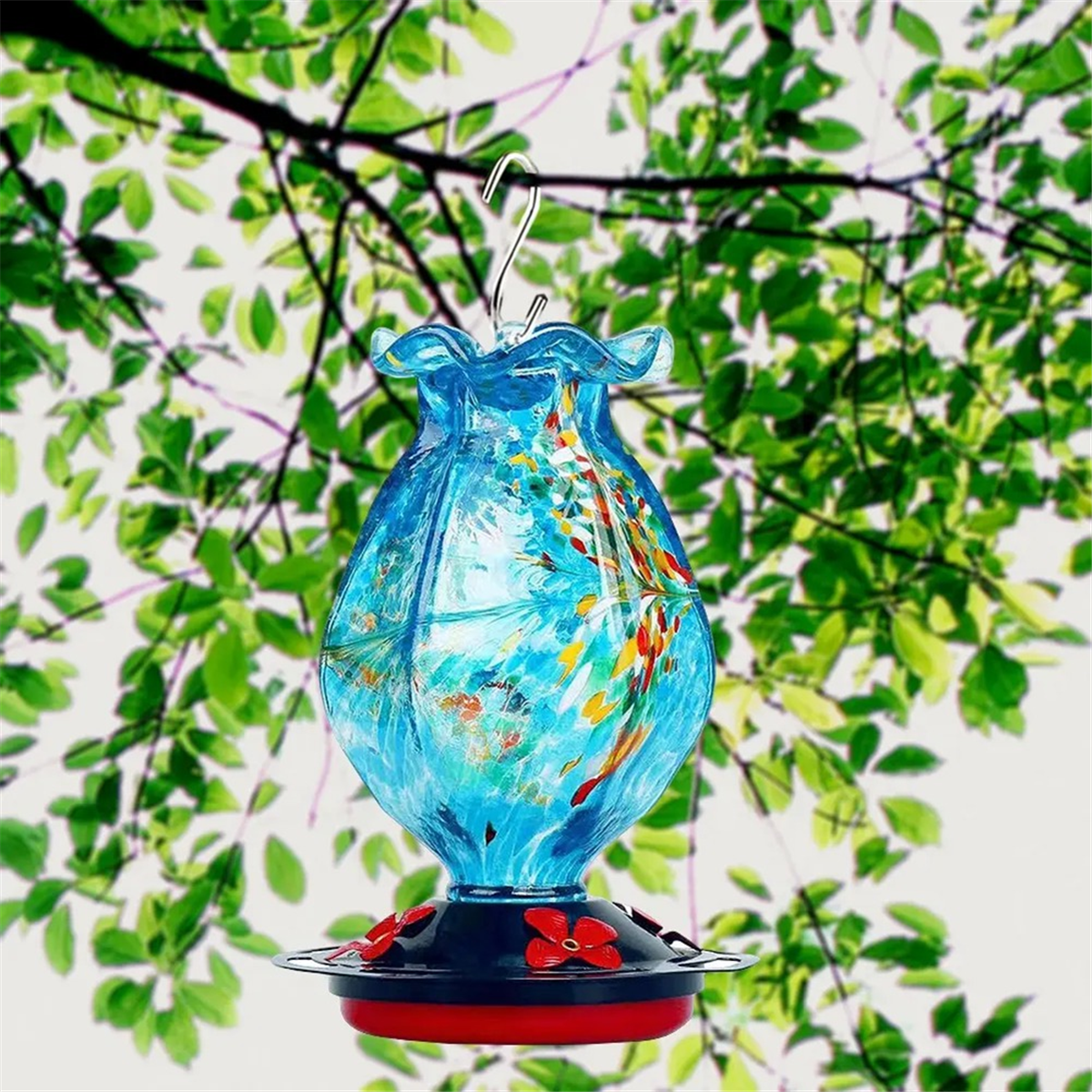 Garden Hummingbird Feeder for Outdoors 1 Pack, Hand Blown Glass Bundle Ocean Mermaid and Blue