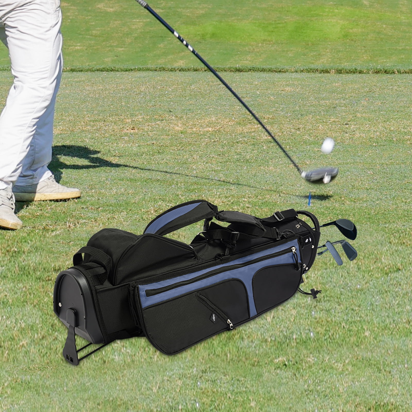 Black+ Blue Black+ Blue Portable Nylon&Cotton Golf Stand Bag for Golf Clubs with Detachable Small Bag Practical Zippers