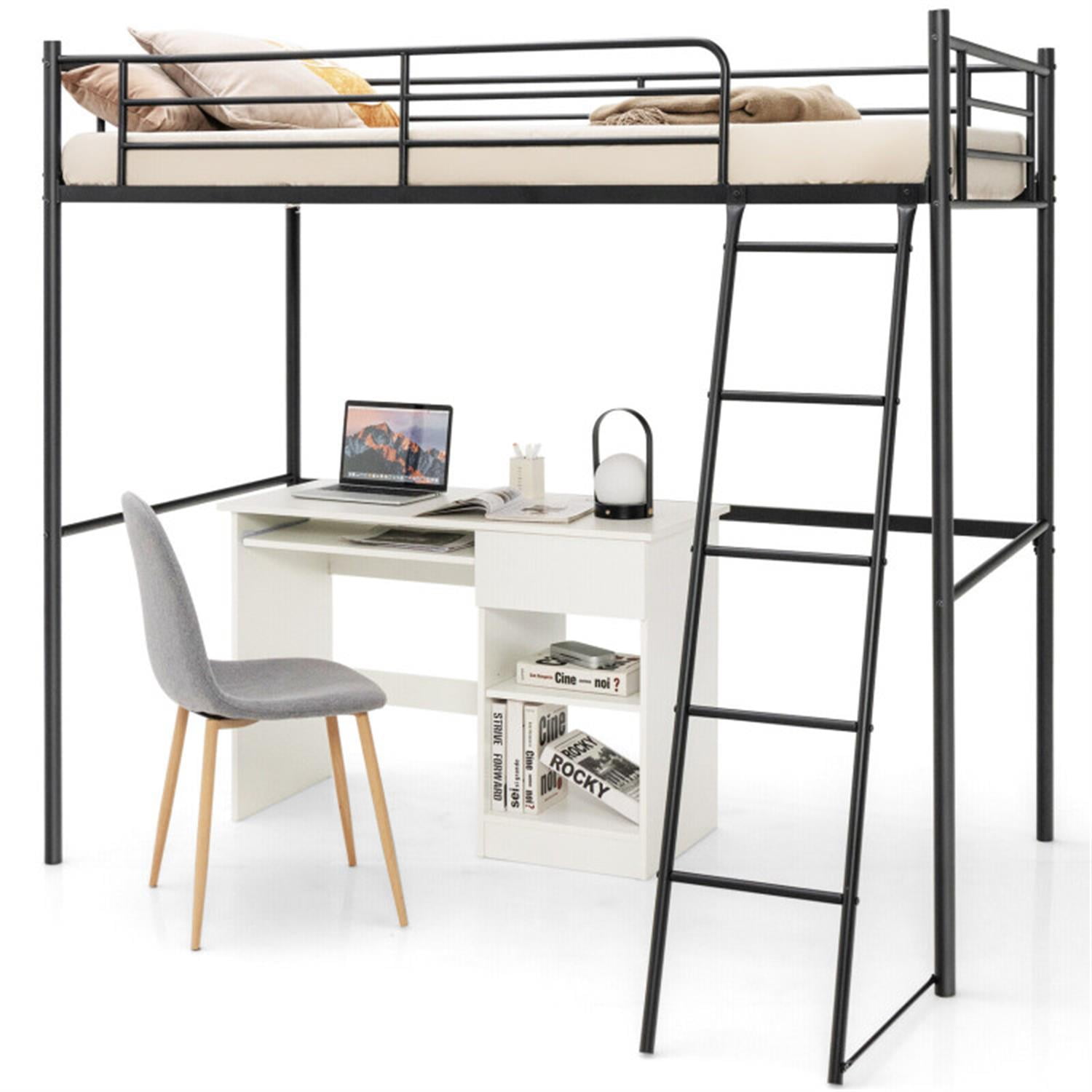 Demi Bonn Twin Metal Loft Bed with Ladderand High Guard Rails for Teens, Black