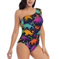 thumbnail image 5 of Balery Colorful Dinosaur One Shoulder Swimsuits for Women Ruffle Swimsuits Tummy Control One Shoulder Bathing Suits-Small, 5 of 8