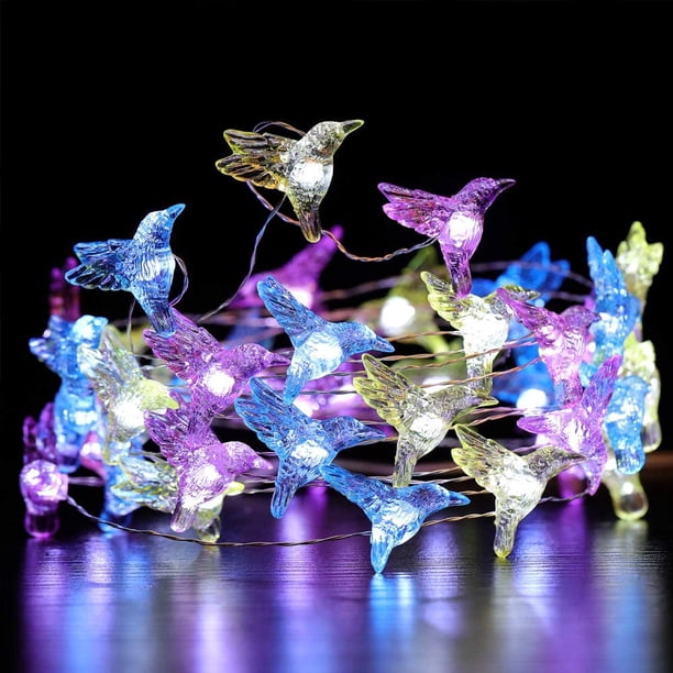 Cadena de luces decorativas con forma de colibrí, 13,12 pies, 40 LED de color blanco frío, resistente a la intemperie, funciona con pilas, 8 modos, cadena de luces de primavera para fiestas navideñas,