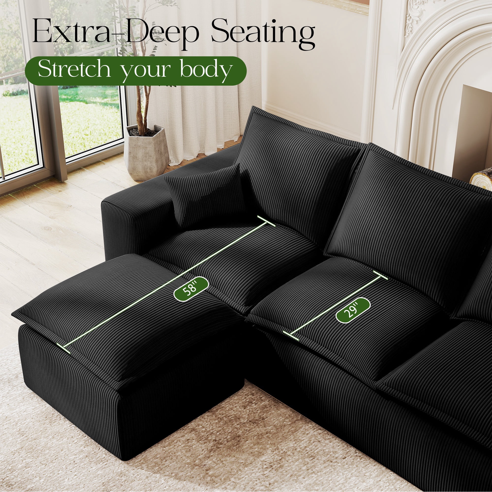 107" L-Shape Modular Sectional Sofa Corduroy Cloud Couch with Ottoman Compressed Foam for Living Room, No Assembly Required Black