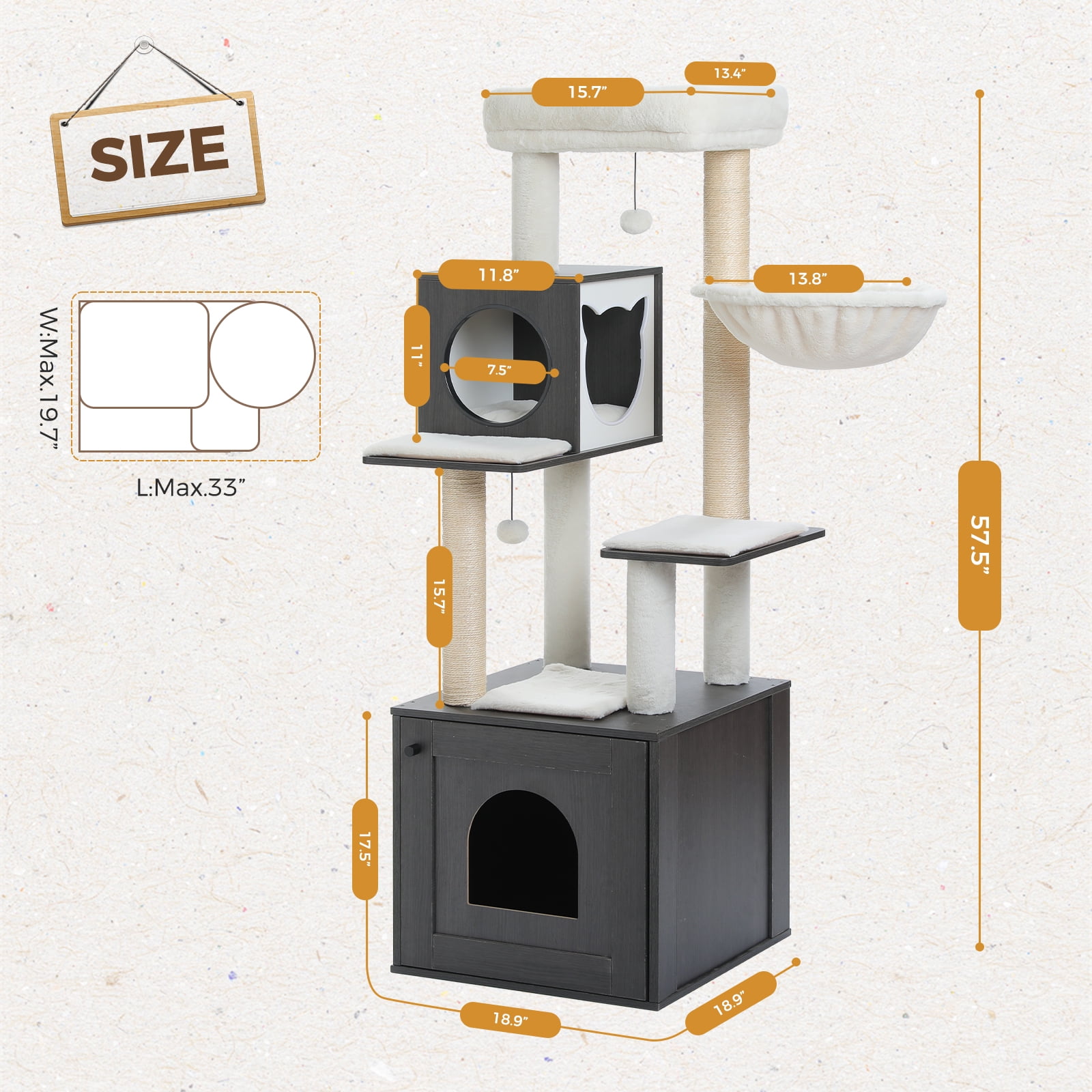 PEQULTI 57.5" Wood Cat Tree with Litter Box Large Cat Tower Indoor with Sisal Scratching Post Black