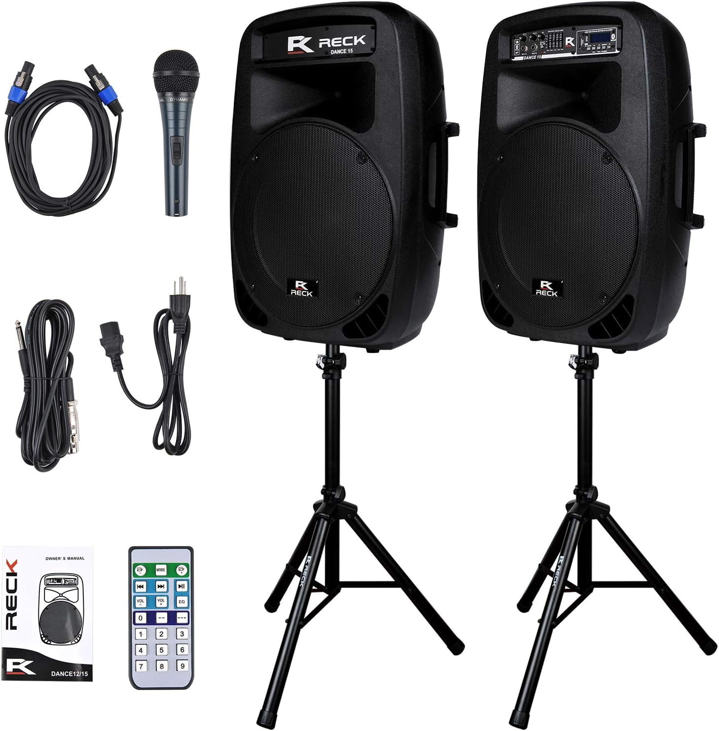 Proreck Dance 15 Portable 15-inch 2000 Watt 2-Way Powered PA Speaker System Combo Set Black