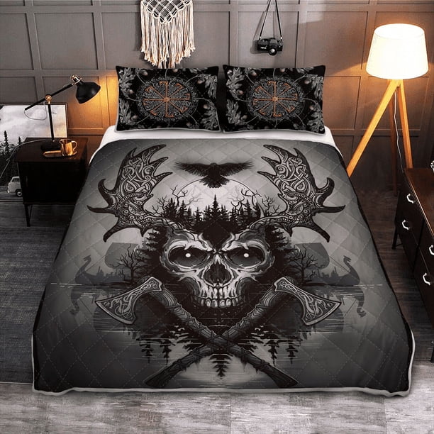 Viking Doona Cover - Viking Raven And Skull - Viking Quilt Bed Set Rlt12