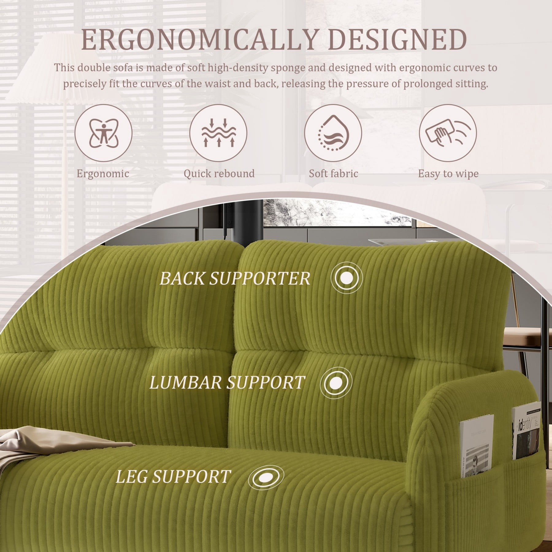 Corduroy Loveseat Sofa, Modern Upholstered Double Sofa Couch with Side Pockets for Living Room Bedroom Apartment, Olive Green