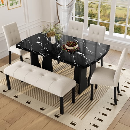 Pinovk 6 Piece Modern Dining Table Set 63 Faux Marble Dining Table with Geometric Legs & 4 Upholstered Chairs & 1 Bench Suitable for Dining Kitchen Room Easy to Assemble Beige+Black