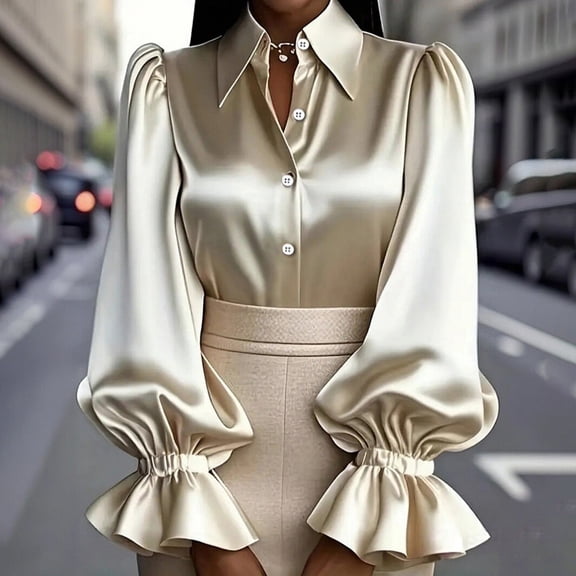 Women's Solid Color Satin Shirt, Puff Sleeve Turn-Down Collar Button Down Blouse, Elegant Office Work Blouse and Casual Date Night Top for Women Beige L