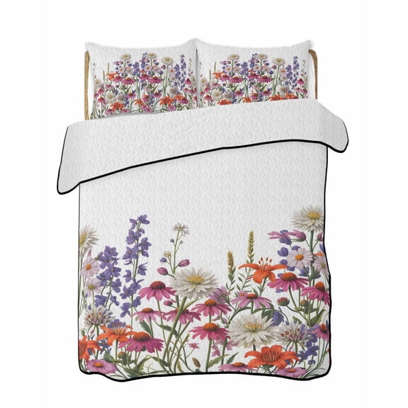 Twin XL Quilt Bedding Set, Spring Floral Reversible Summer Quilt 3 Pieces, Watercolor Daisy Lily Lavender Plants Garden Lightweight Bedspreads Coverlets with 2 Pillow Shams for All Seasons