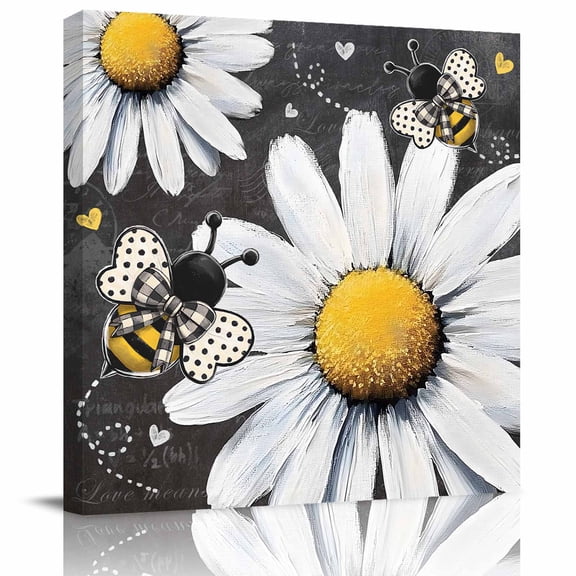 Watercolor Farm Daisy Flower Bee Canvas Artwork Painting Art, Rustic Floral on Gray Board Square Framed Wall Decorations Prints Picture for Bedroom Kitchen Living Room, 12x12 in