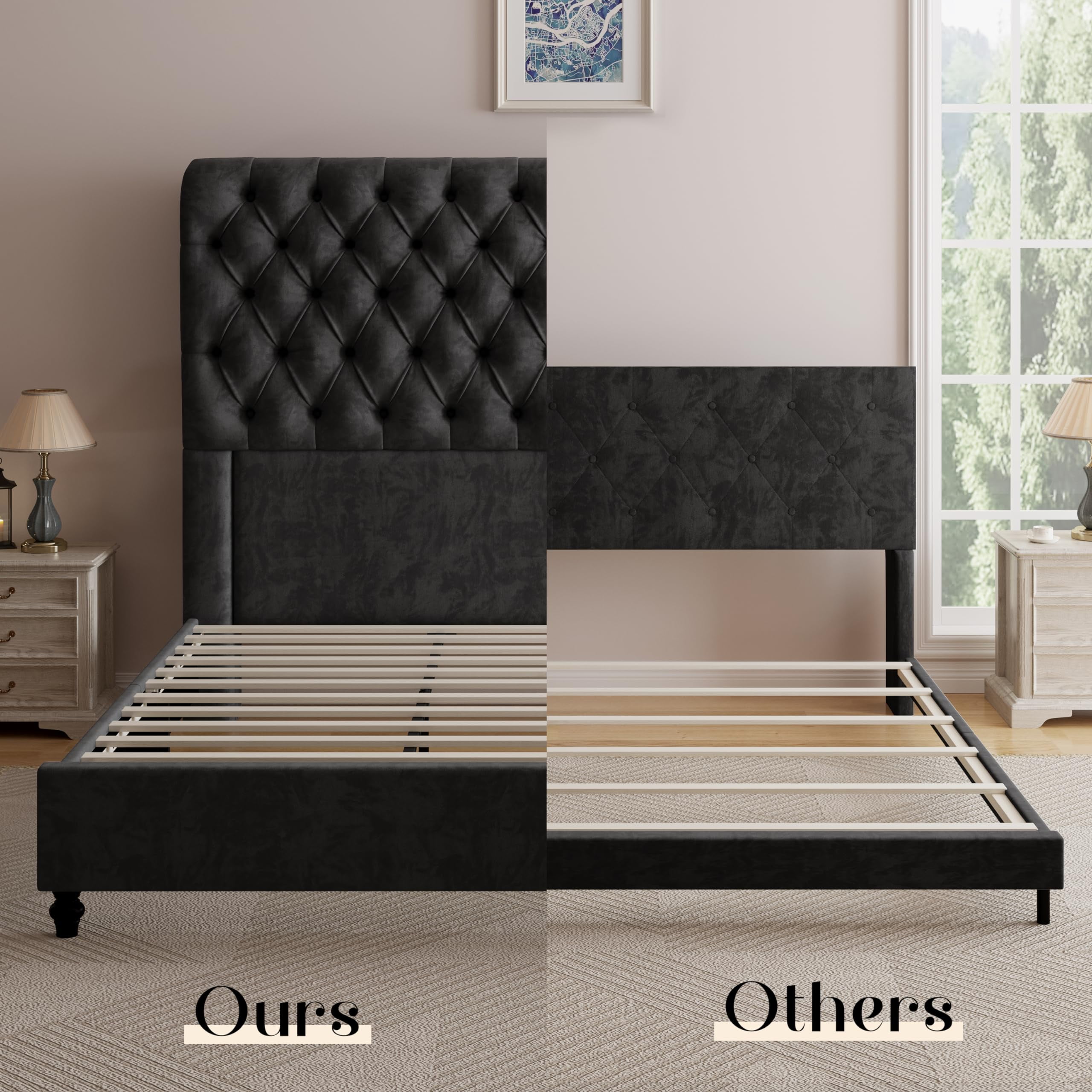 Merluxy King Bed Frame for Adult,60" Sleigh Headbord with Deep Button Tufting,Velvet Black