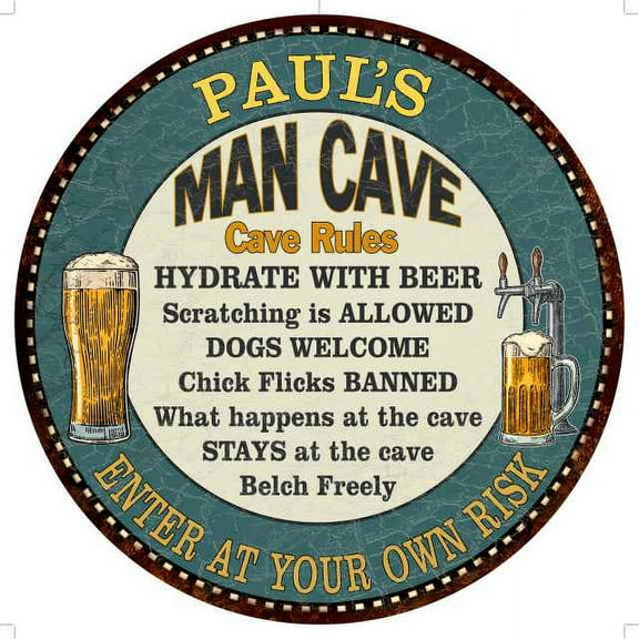 PAUL'S Man Cave Rules 14" Round Metal Sign Garage Bar Decor 100140009101