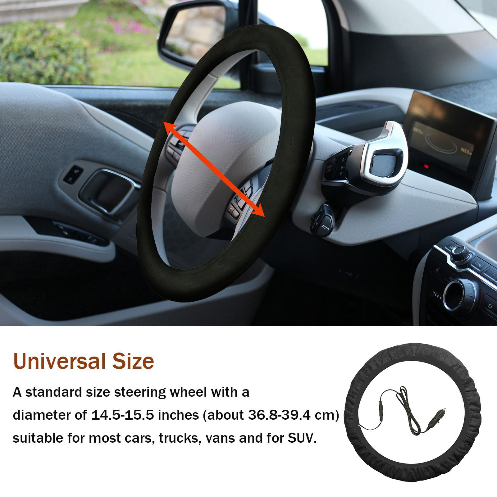 VaygWay Heated Steering Wheel Cover- 12V Black Warmer Car Steering Heater-  15 inch Electrical Wheel Cover : : Car & Motorbike