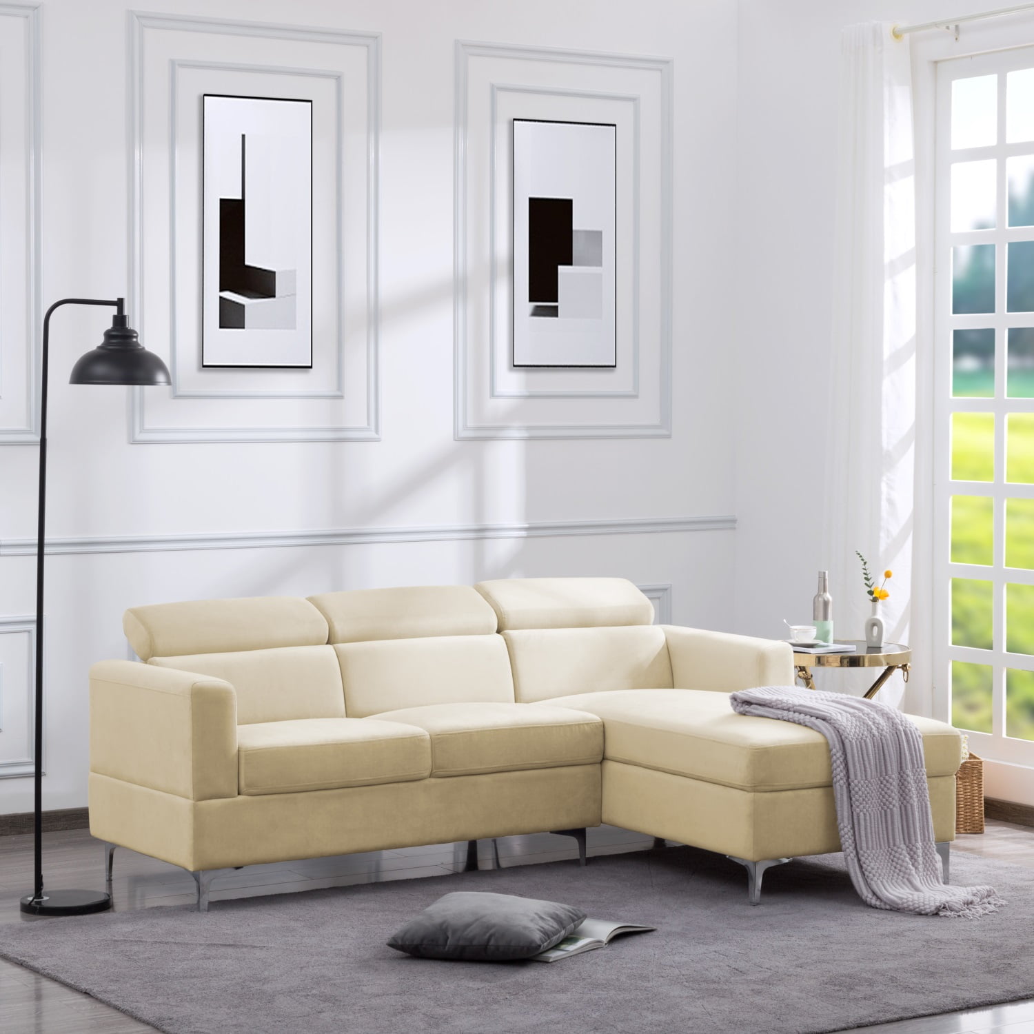 Kadyn 83.4" Sectional Sofa Couch, velvet Sectional Sofa Futon for Living Room, Modern Sectional Sofa, Beige