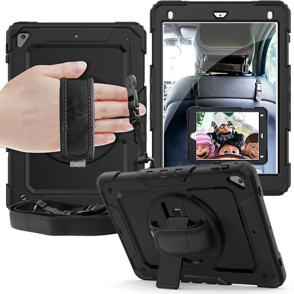 For Apple iPad Mini 4th / Mini 5th Generation Shockproof Protective 360 Rotating Stand W. Strap Case Cover - Black/Black