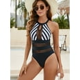 thumbnail image 2 of Through Swimsuit Women Beachwear Striped Spliced Mesh One Piece Bodysuit Swimwear Bathing Suit Fashion Bikinis, 2 of 3