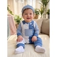 thumbnail image 5 of Loicainy Infant Baby Boy Fall Outfit 3 6 12 18 Months Striped Rompers and Front Pockets Overalls with Hat Clothes Set, 5 of 9
