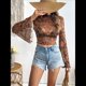 thumbnail image 5 of Camiseta de Larga con Estampado Floral Transparente Y2K, Cuello Redondo, Mangas Acampanadas y para Mujer Marrón M, 5 of 10