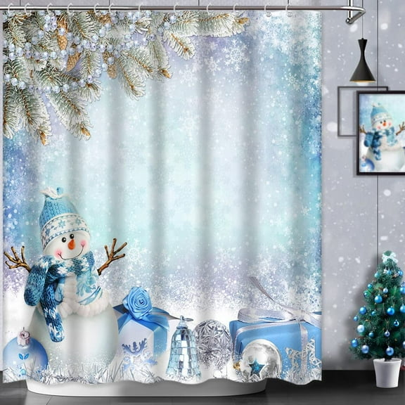 Christmas Shower Curtain Winter Blue Snowman Bath Curtain Snowflake Xmas Tree Holiday Decor Bathroom Shower Curtain
