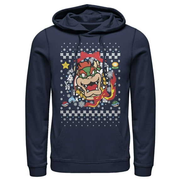 Men's Nintendo Christmas Bowser Wreath Pull Over Hoodie Navy Blue 3X Large