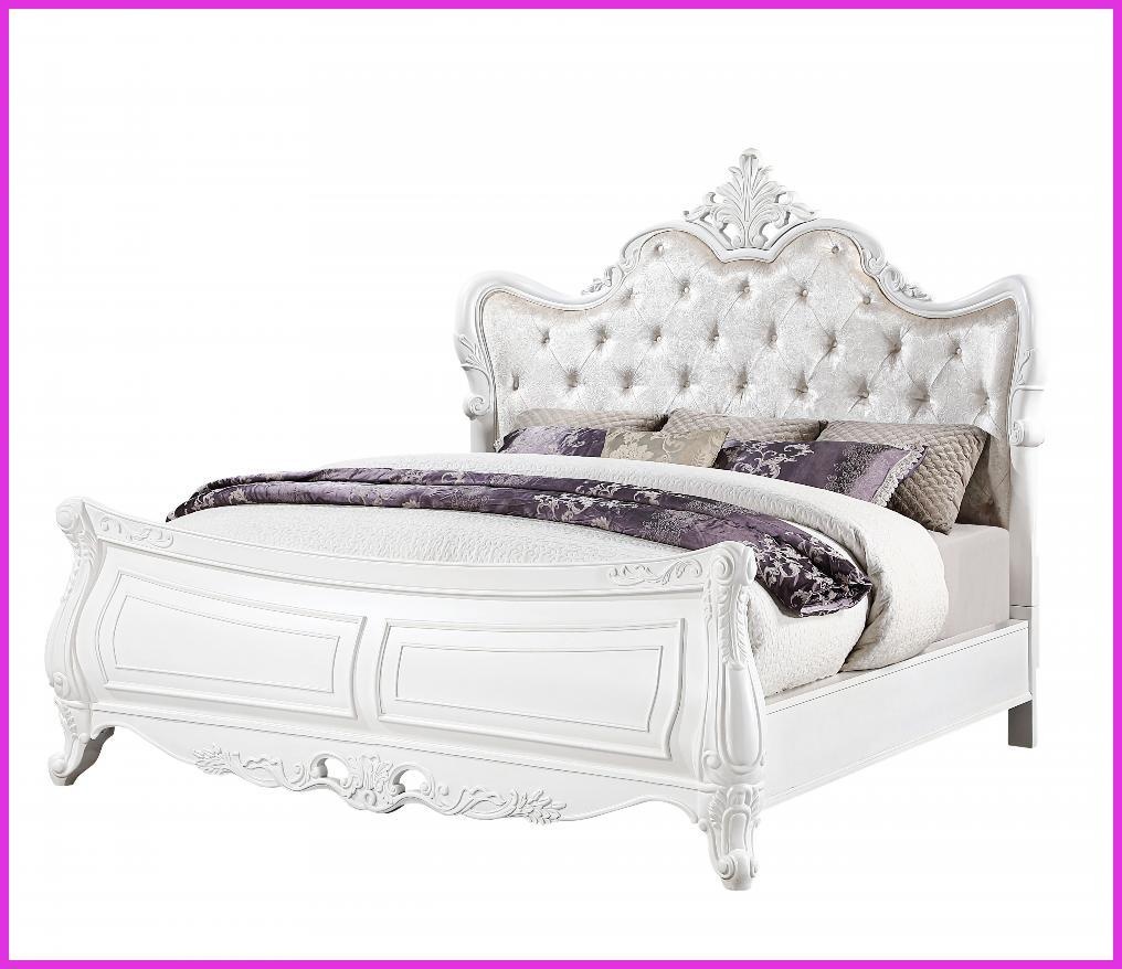 King Size Solid Wood Bed Frame with Tufted Velvet Headboard & Ornate Carvings Pearl White for Master Bedroom