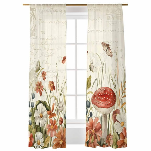 Fall Plant Sheer Curtains 84 inches Long, Mushroom Wildflower Butterfly Old Newspaper Light Filtering Sheer Window Curtains Rod Pocket Voile Drapes for Bedroom Living Room, 52"W x 84"L 2 Panels