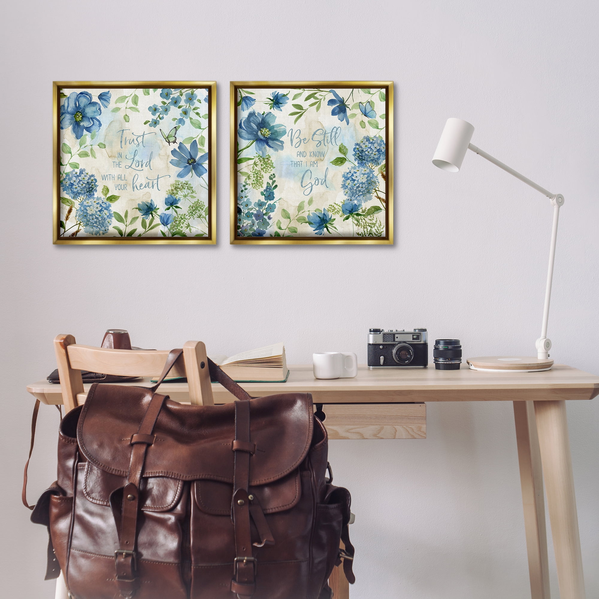Stupell Industries Trust Be Still Blue Hydrangea Religious & Spiritual Painting Gold Floater Framed Canvas Art Print Wall Art, 18 x 18, Set of 2