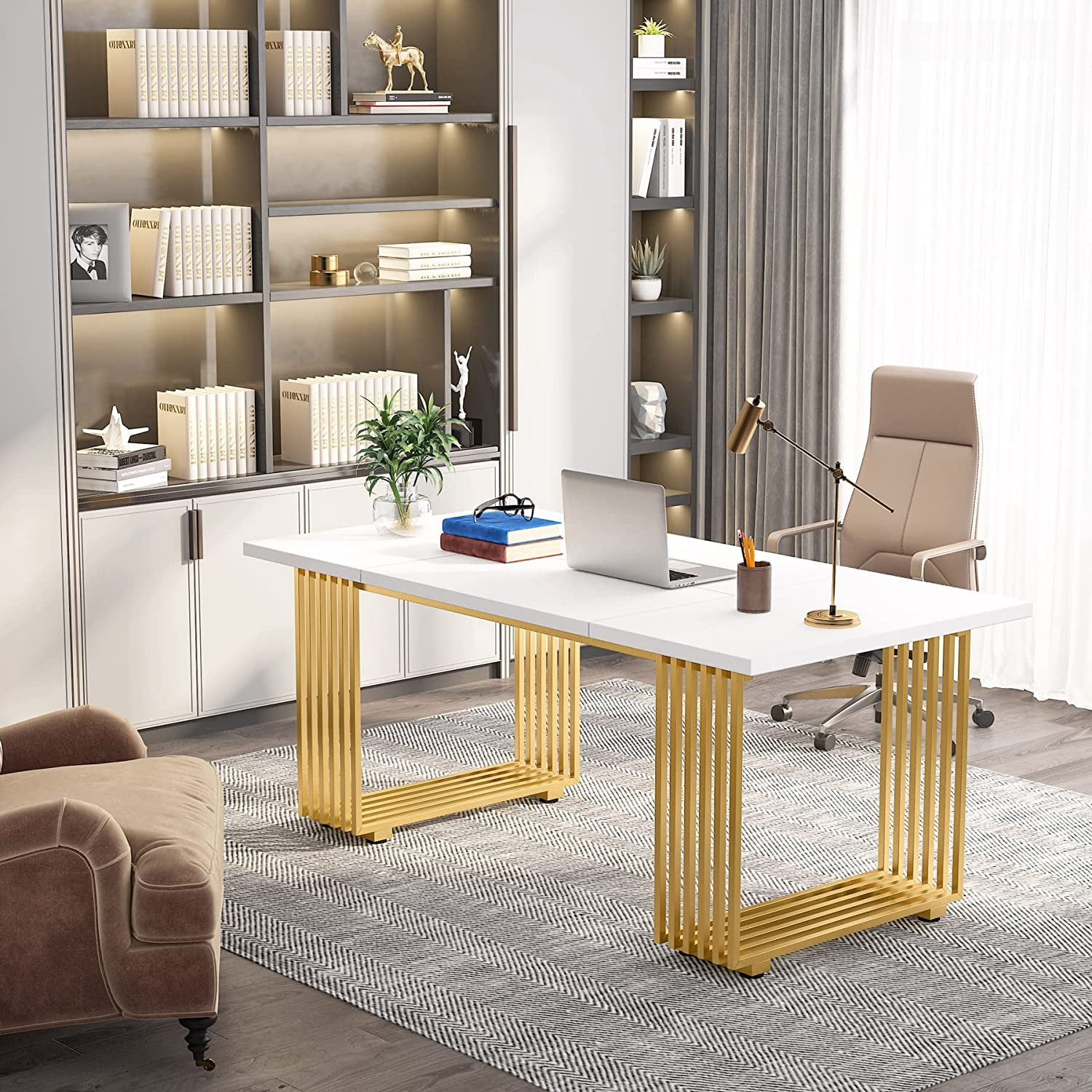 Finmind White Executive Desk with Gold Metal Legs,70.9" Modern Office Desk, Wooden Computer Desk, Large Workstation for Home Office, Study Writing Desk, Small Conference Table for Meeting Room