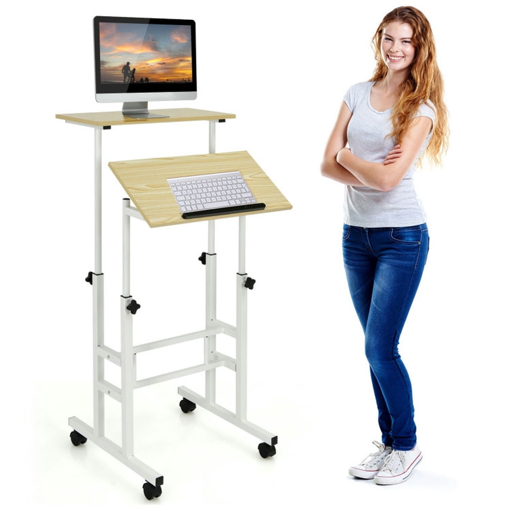 Spaco Height Adjustable Mobile Standing Desk with rolling wheels for office and home-Natural, Office Furniture, Portable Desk for Home and Office