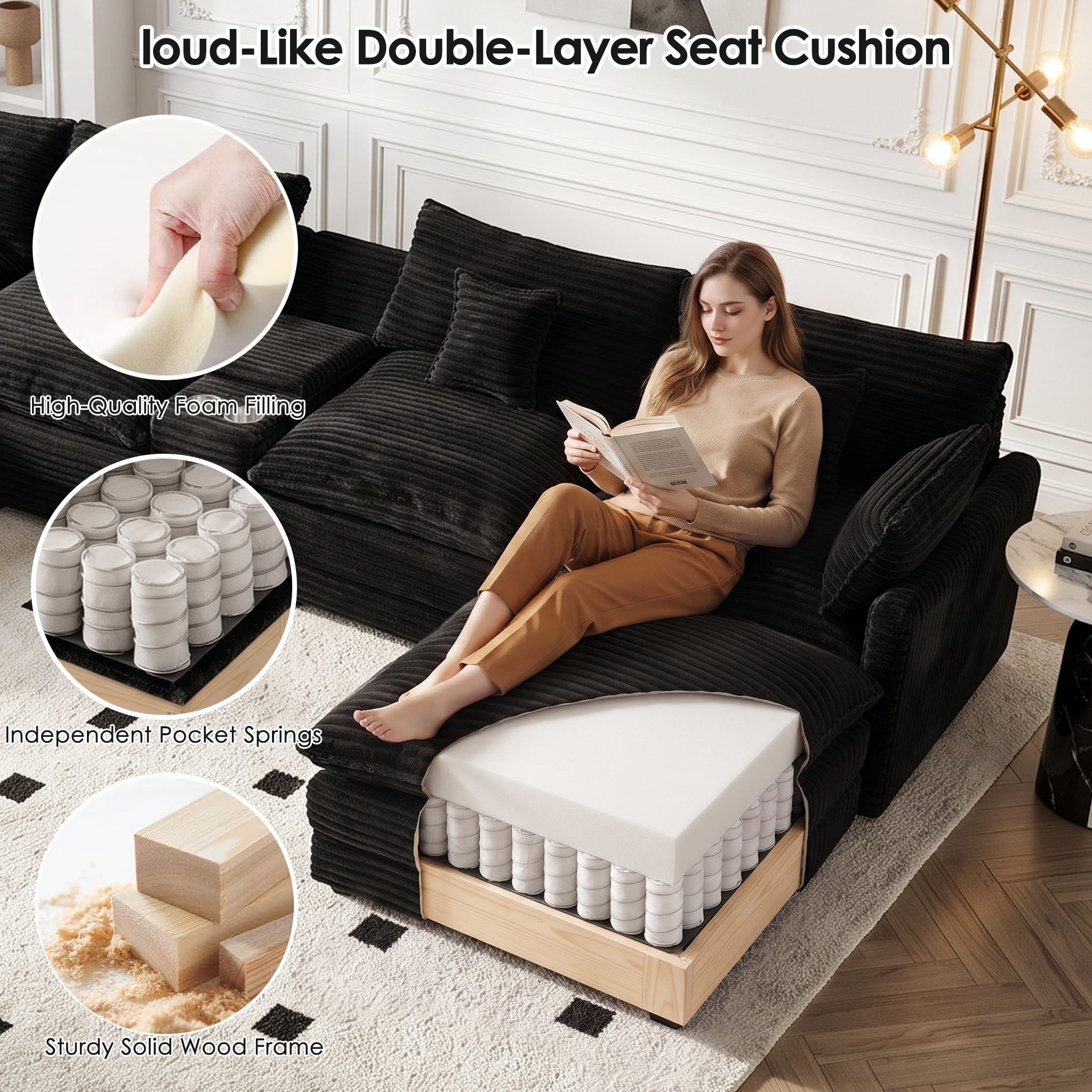 Wakefit 145" U Shaped Sectional Couch, Oversized Modular Sectional Sofa, 5 Seater Corduroy Cloud Couch with Hidden Storage, USB Ports & Cup Holders for Living Room, Black
