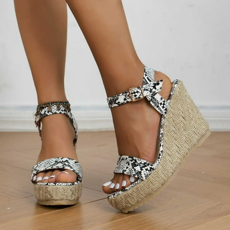 

AXXD White Wedge Sandals for Women 7 Summer New Plus-size Fish Mouth Snake Print Platform High-heeled One-line Sandals