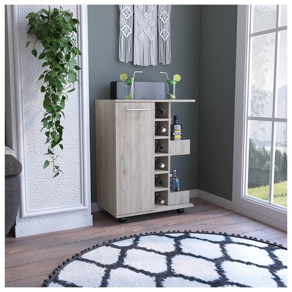 Bar Cart, Two External Shelves, Four Casters, Six Built-in Wine Rack, Single Door Cabinet -Light Gray