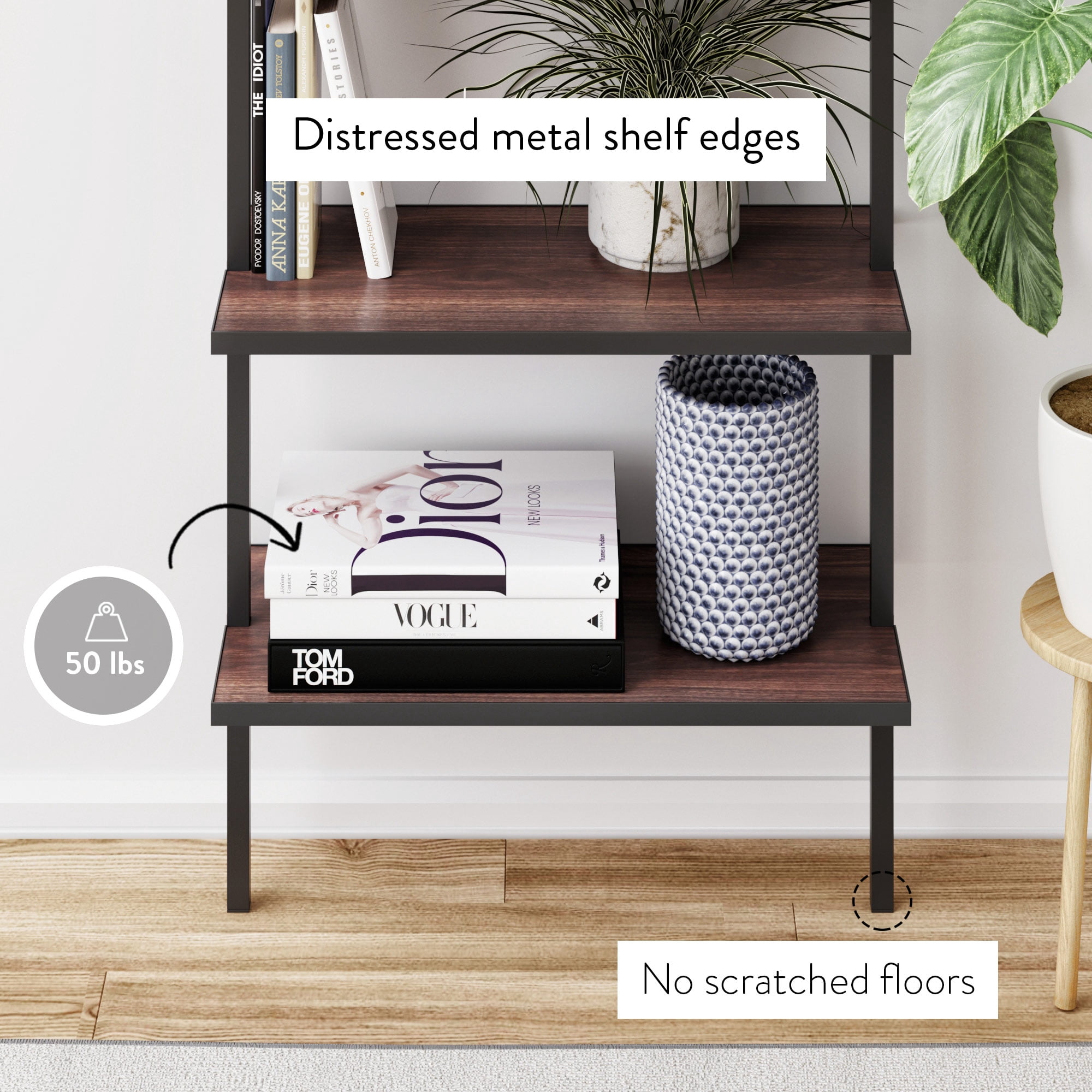 Nathan James Theo 5-Shelf Ladder Bookcase Walnut Brown Wood Black Metal Frame