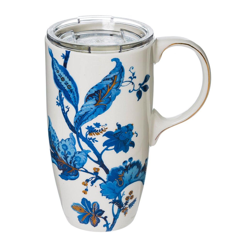 Cypress Ceramic Latte Travel Cup w/ Tritan Lid and metallic accents, 17oz, Blue Floral Toile
