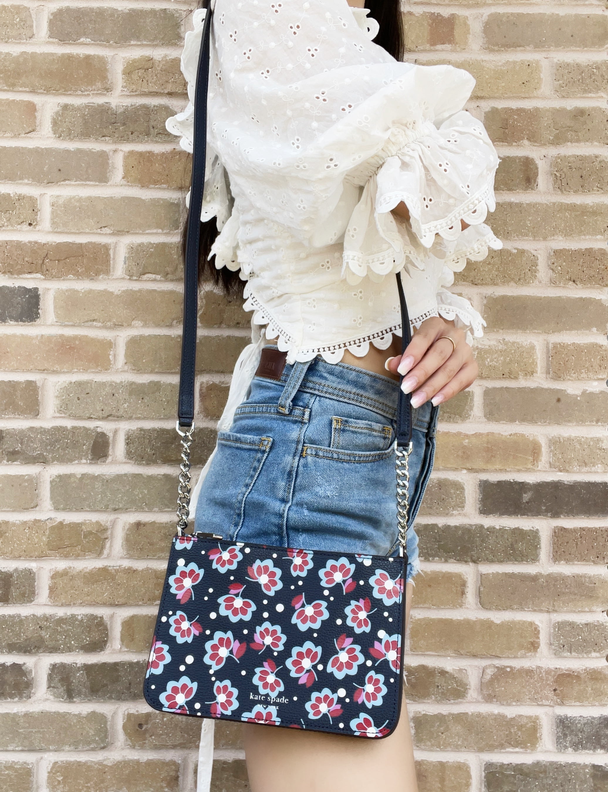 Kate Spade New York Women's Refined Grain Leather Eva Seaside Blooms Chain Crossbody Bag (Navy Multi)