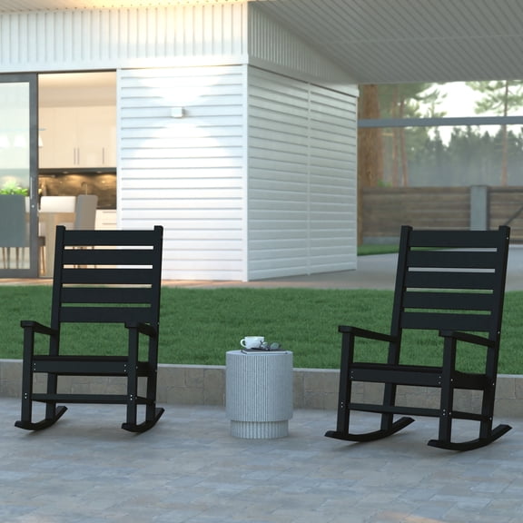 Emma Oliver Set of 2 Contemporary Rocking Chairs, All-Weather HDPE Indoor/Outdoor Rockers in Black