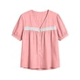 thumbnail image 4 of LEKWK Linen Shirts for Women Lace Short Sleeve Button Down Shirt Loose Fit Casual V Neck Going Out Tops Summer Fashion Beach Vacation Clothes, 4 of 5