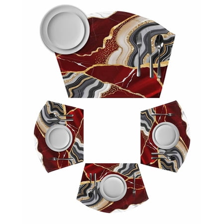 Red Marble Round Placemats Set of 4, Grey Gold Texture Vintage Farmhouse Art Placemats for Round Dining Table Shape Wedge Placemats for Outdoor Indoor Wipeable Clean Table Place Mats