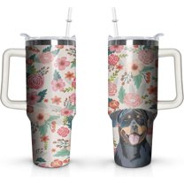 Rottweiler Tumbler Handle and Silicone Straws Coffee Travel Tumbler Insulated Stainless Steel Tumbler 40 Oz Cold Drink Thermal Tumbler