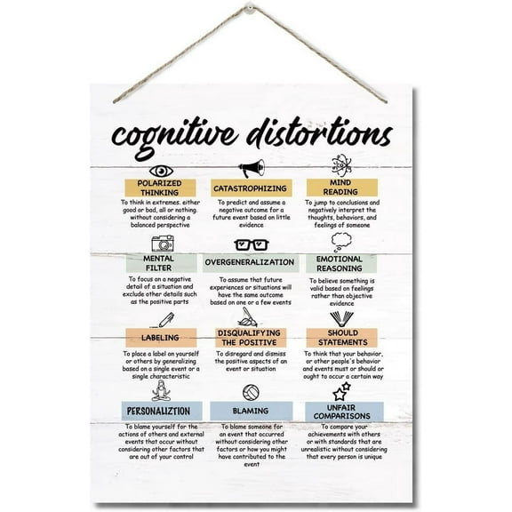 Zomyto Cognitive Distortions Therapy CBT Decor Sign, Hanging Printed Wood Signs, School Psychologist Wall Art 10x8 inch