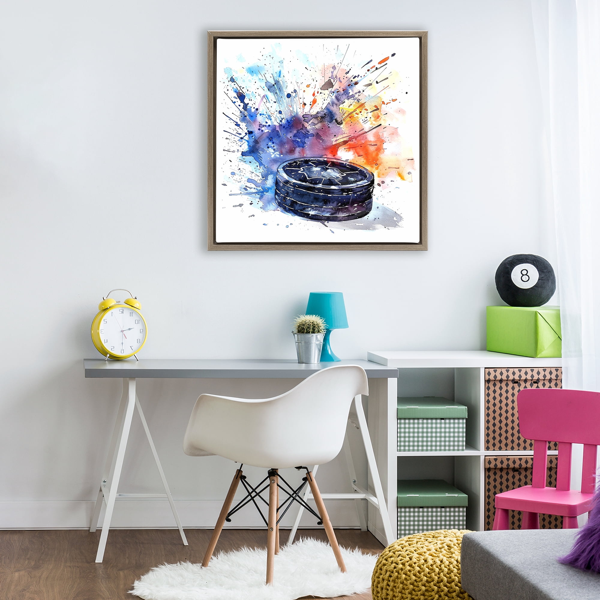 Stupell Industries Hockey Splash Watercolor Burst Brown Framed Floater Canvas Wall Art, design by LSR Design Studio