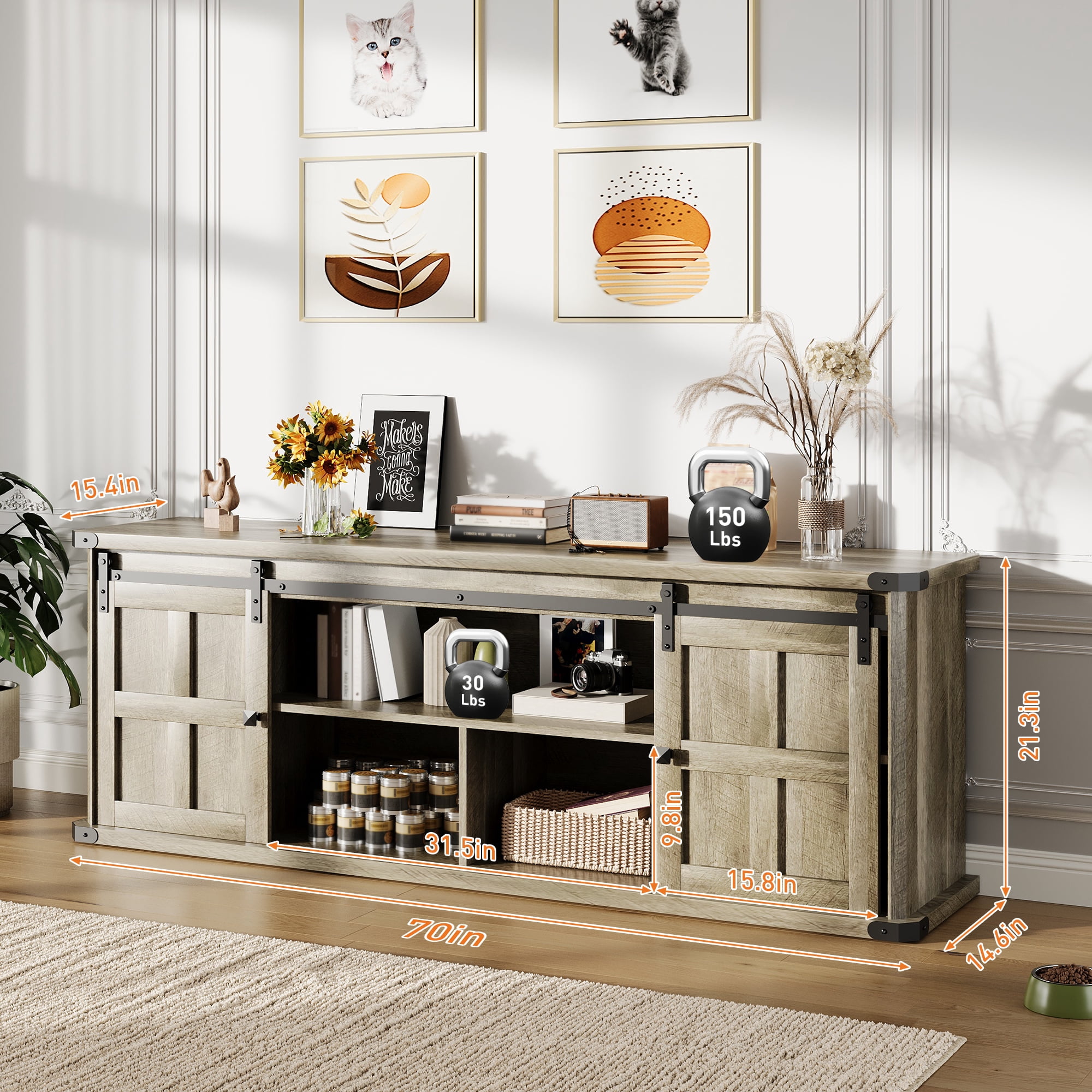 COZONY Farmhouse TV Stand for 75 Inch TV, Entertainment Center with Sliding Barn Doors and Storage Cabinets for Living Room,Light gray wood grain