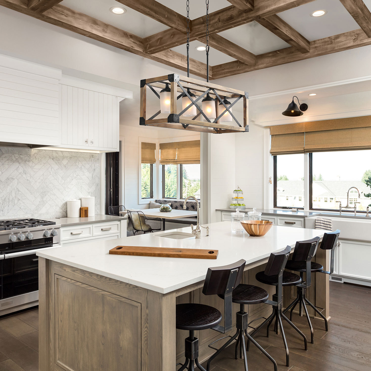 LNC 4 Lights Antique Black and Brown Wood Farmhouse Linear Rectangular Chandelier for Kitchen Island