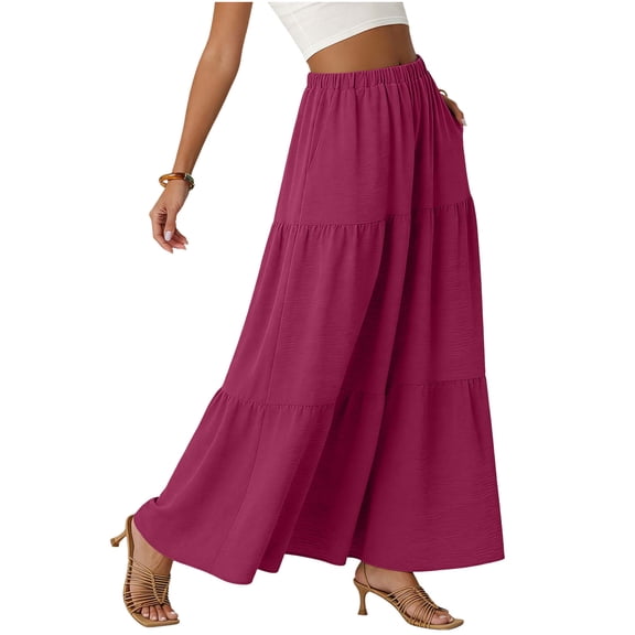 OGLCCG Women's Flowy Maxi Skirt Summer High Waisted Casual A-line Layered Tiered Long Skirts with Pockets Elegant Boho Beach Skirts,S