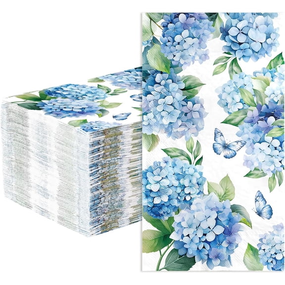 Hydrangea Paper Napkins 3 Ply Watercolor Blue and White Floral Butterfly Disposable Absorbent Hand Towel